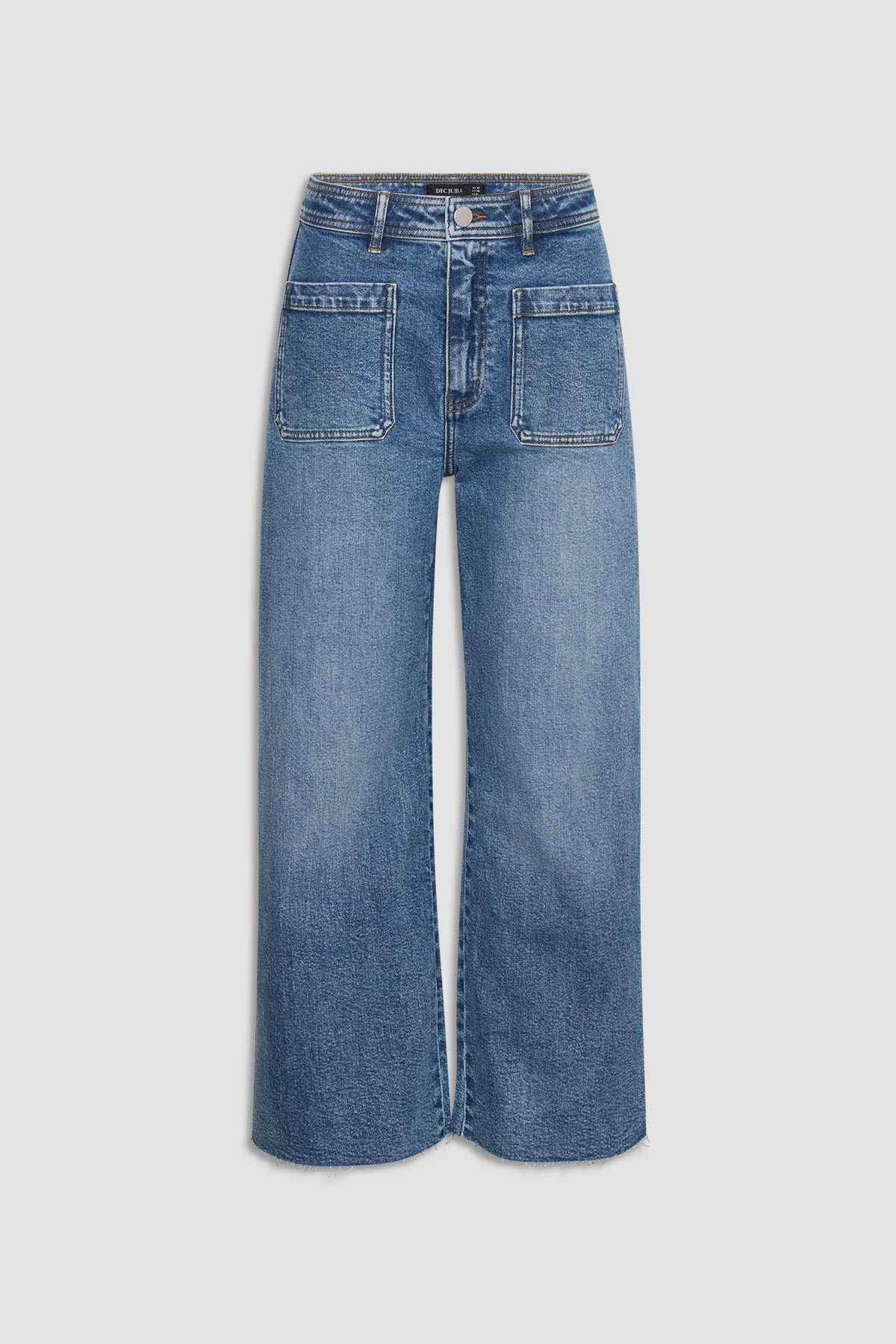 Darcy Cropped Wide Leg Jean in classic blue denim with large front patch pockets and high rise by DECJUBA Australian fashion brand