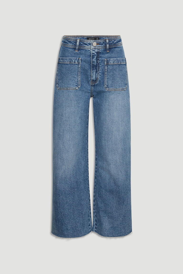 Darcy Cropped Wide Leg Jean in classic blue denim with large front patch pockets and high rise by DECJUBA Australian fashion brand