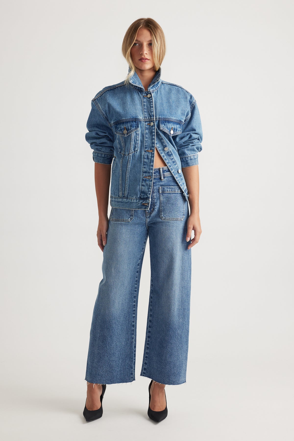Darcy Cropped Wide Leg Jean in classic blue denim with patch pockets and high waist, styled with cropped denim jacket by DECJUBA Australian brand