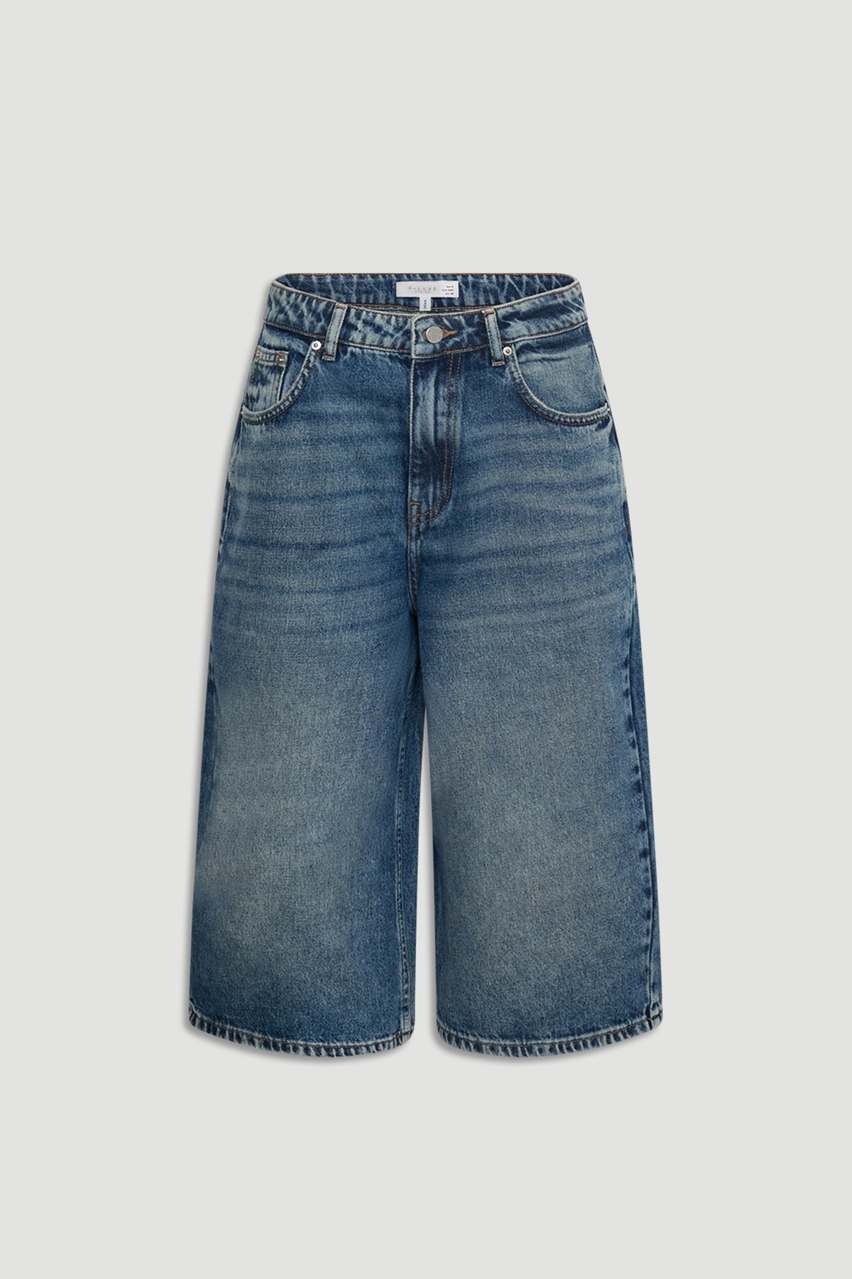 D-Luxe Denim Long Line Short in mid rise faded blue denim with button & fly closure, gallery position 4, portrait view