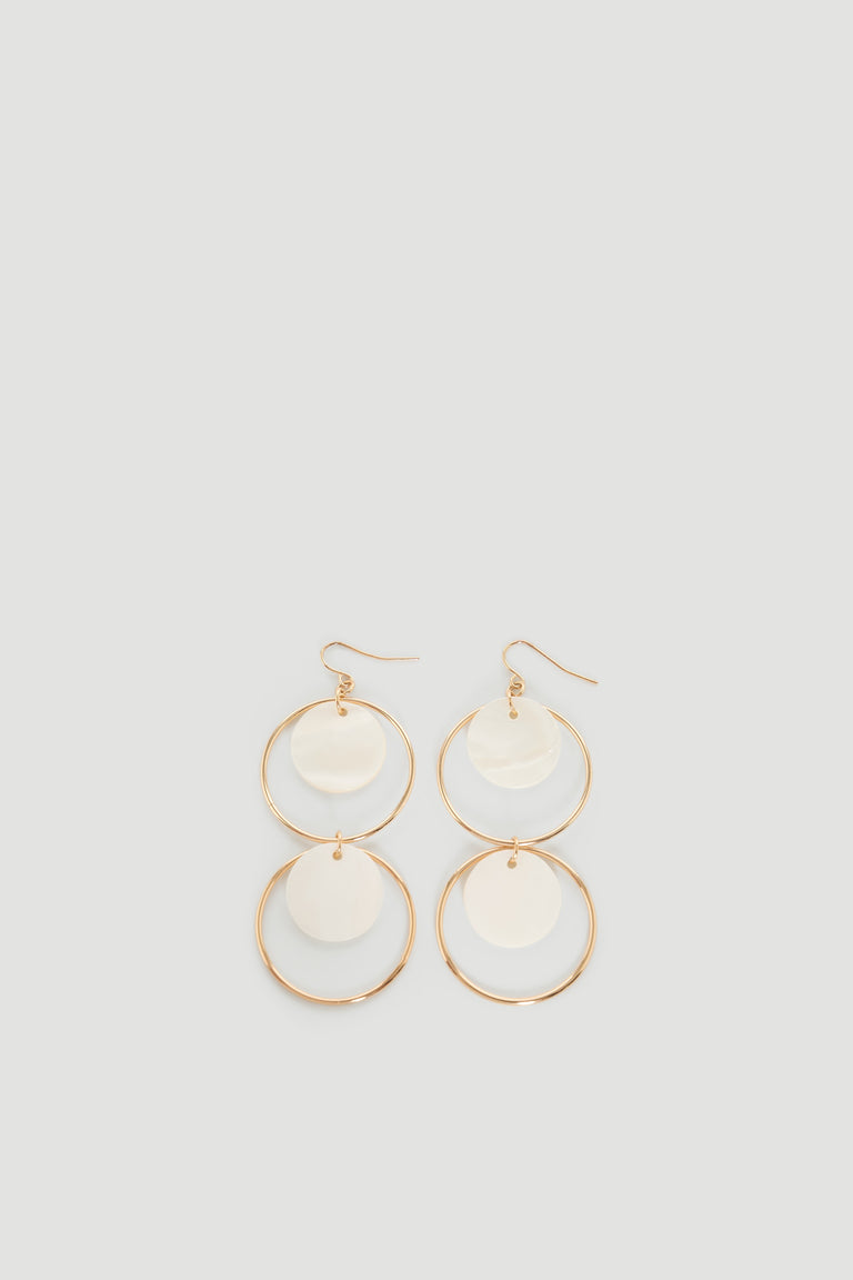 Tina Circle Earrings featuring gold hoops with mother-of-pearl discs, elegant and versatile by DECJUBA Australian fashion brand