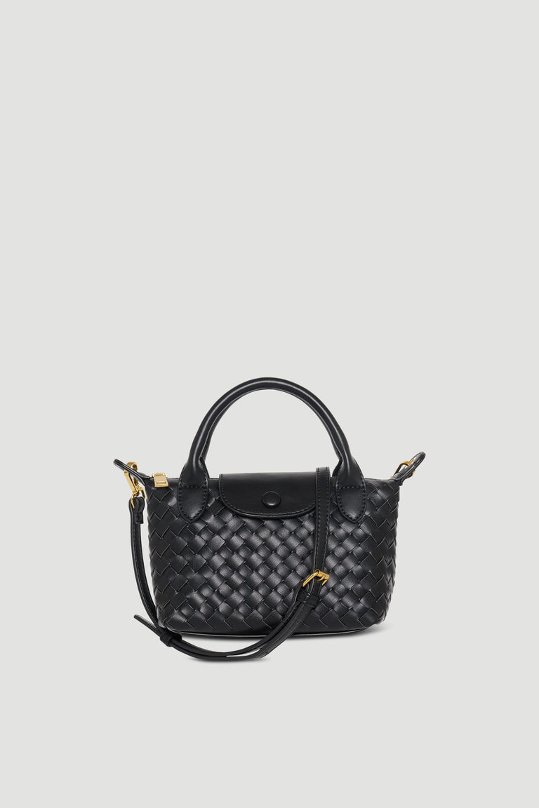 Black woven top handle bag with detachable long strap, gold hardware and zip closure