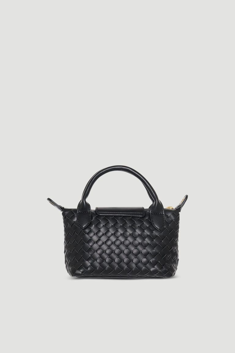 Black woven mini handbag with top handles, gold hardware and detachable shoulder strap