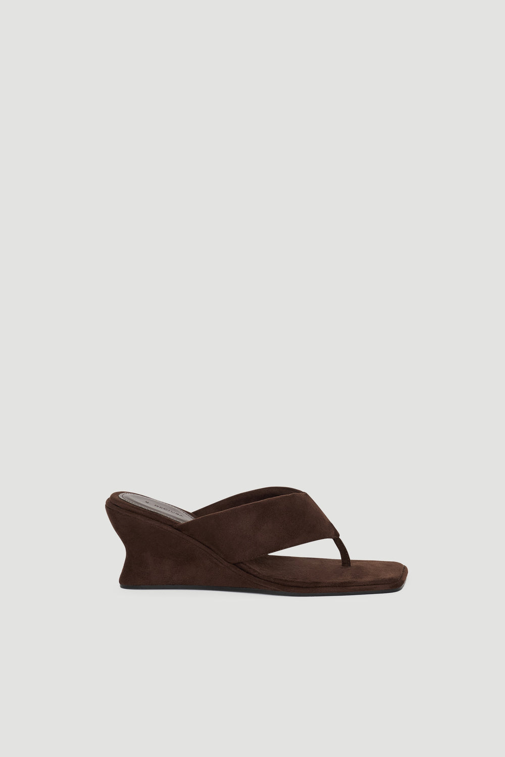 Ally Thong Heel in rich chocolate brown with wedge heel and soft suede finish by DECJUBA, ideal for stylish comfort