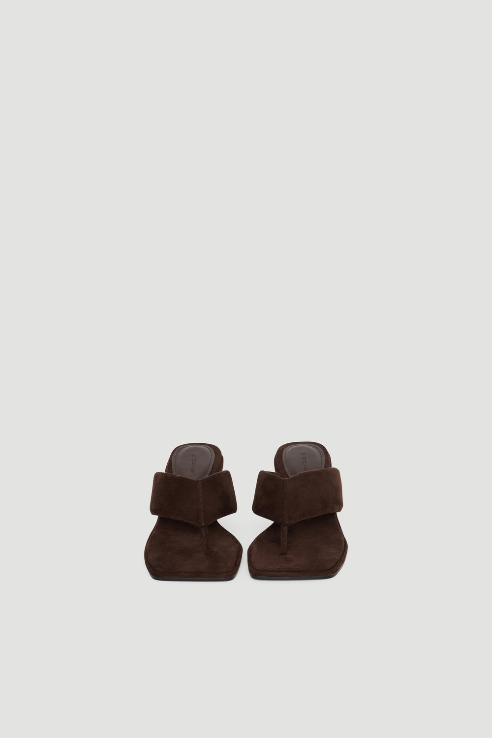 Ally Thong Heel in rich chocolate suede with a wide strap and square toe, offering stylish and modern elegance by DECJUBA