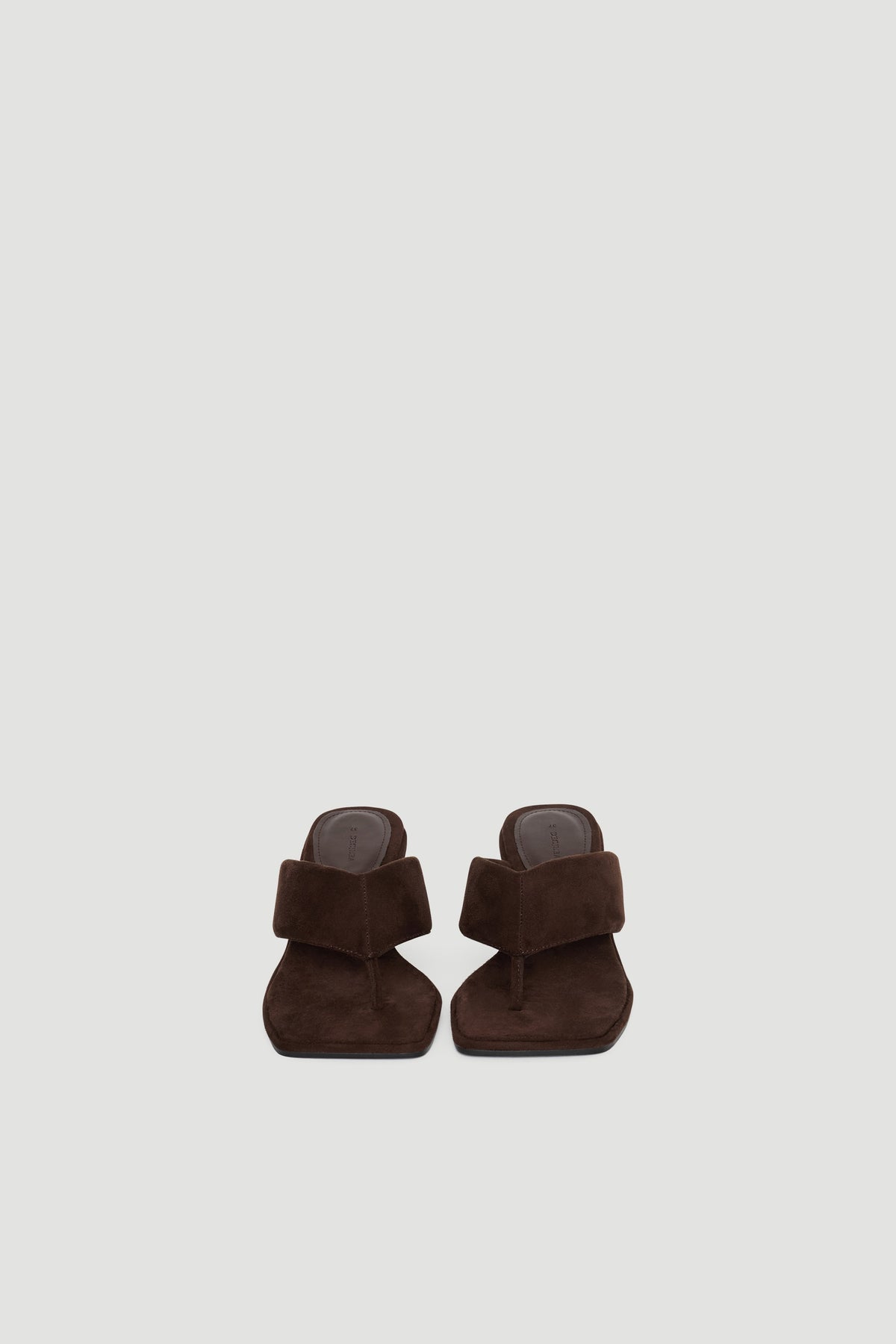 Ally Thong Heel in rich chocolate suede with a wide strap and square toe, offering stylish and modern elegance by DECJUBA
