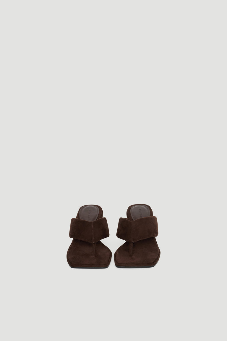 Ally Thong Heel in rich chocolate suede with a wide strap and square toe, offering stylish and modern elegance by DECJUBA