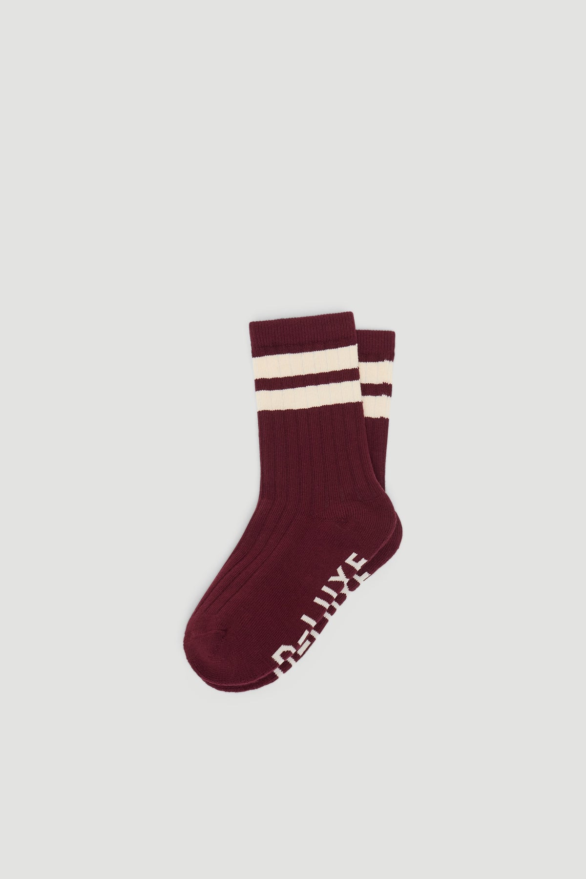 Portrait image of burgundy D-Luxe Aria Wide Stripe Socks with cream stripes and ribbed texture, gallery position 1