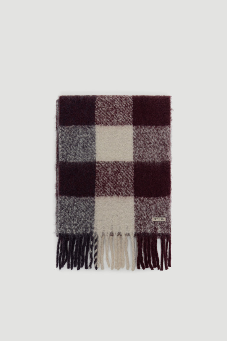 Soft check scarf in burgundy, grey, and cream tones with fringe detailing and subtle texture