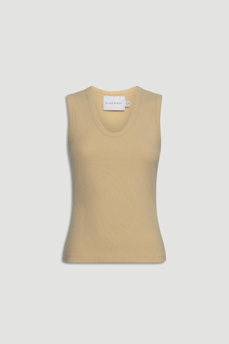 Soft ribbed tank top in a warm neutral shade with a scoop neckline for versatile, everyday layering.