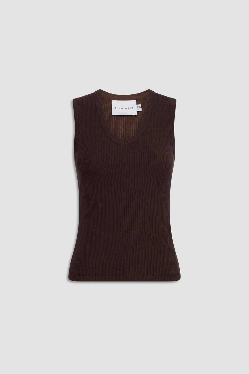 Sleeveless dark walnut ribbed tank with a scoop neckline, offering a sleek, effortless layering piece.