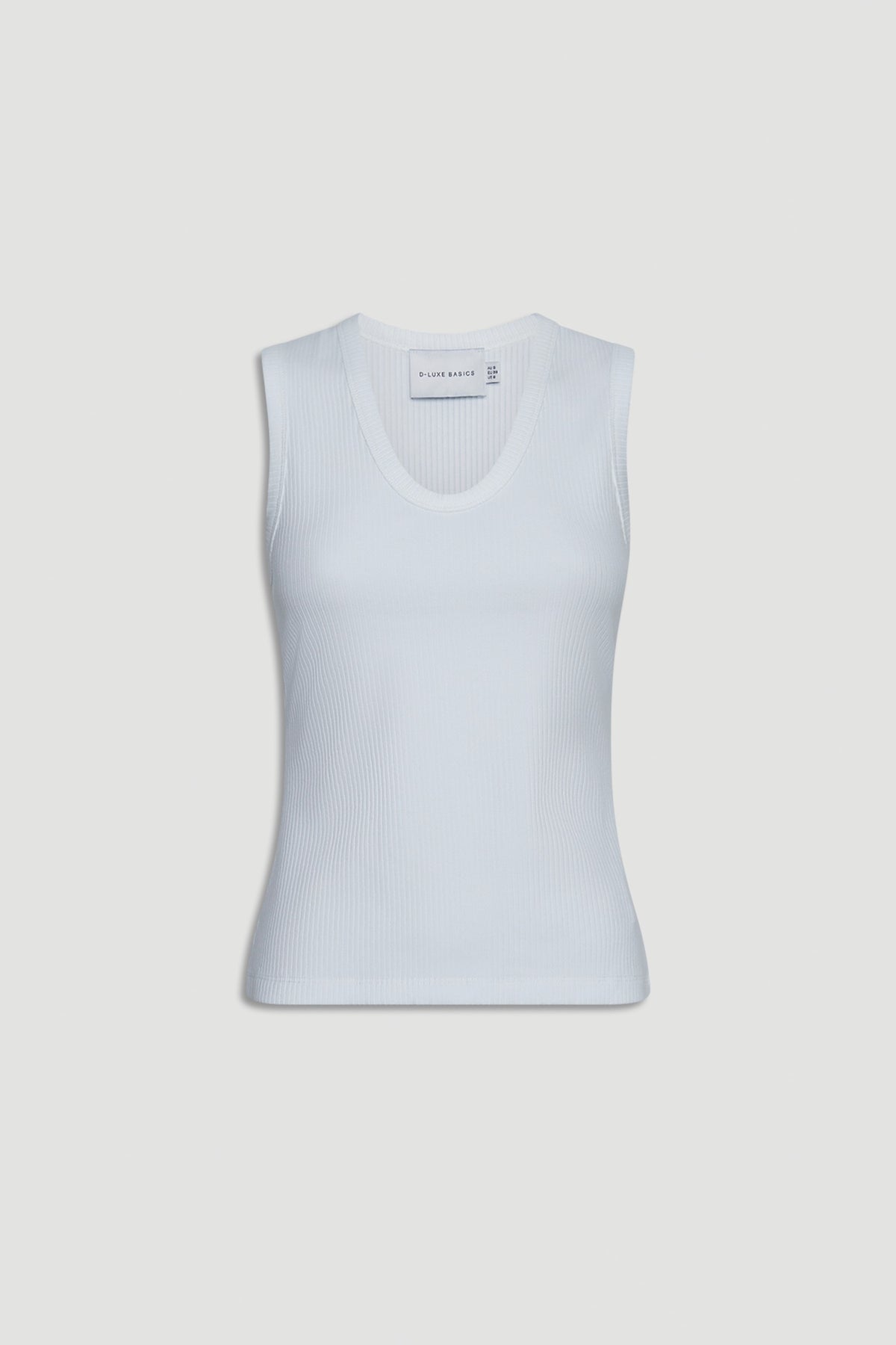 White ribbed sleeveless scoop neck tank top with a fitted silhouette for versatile everyday wear