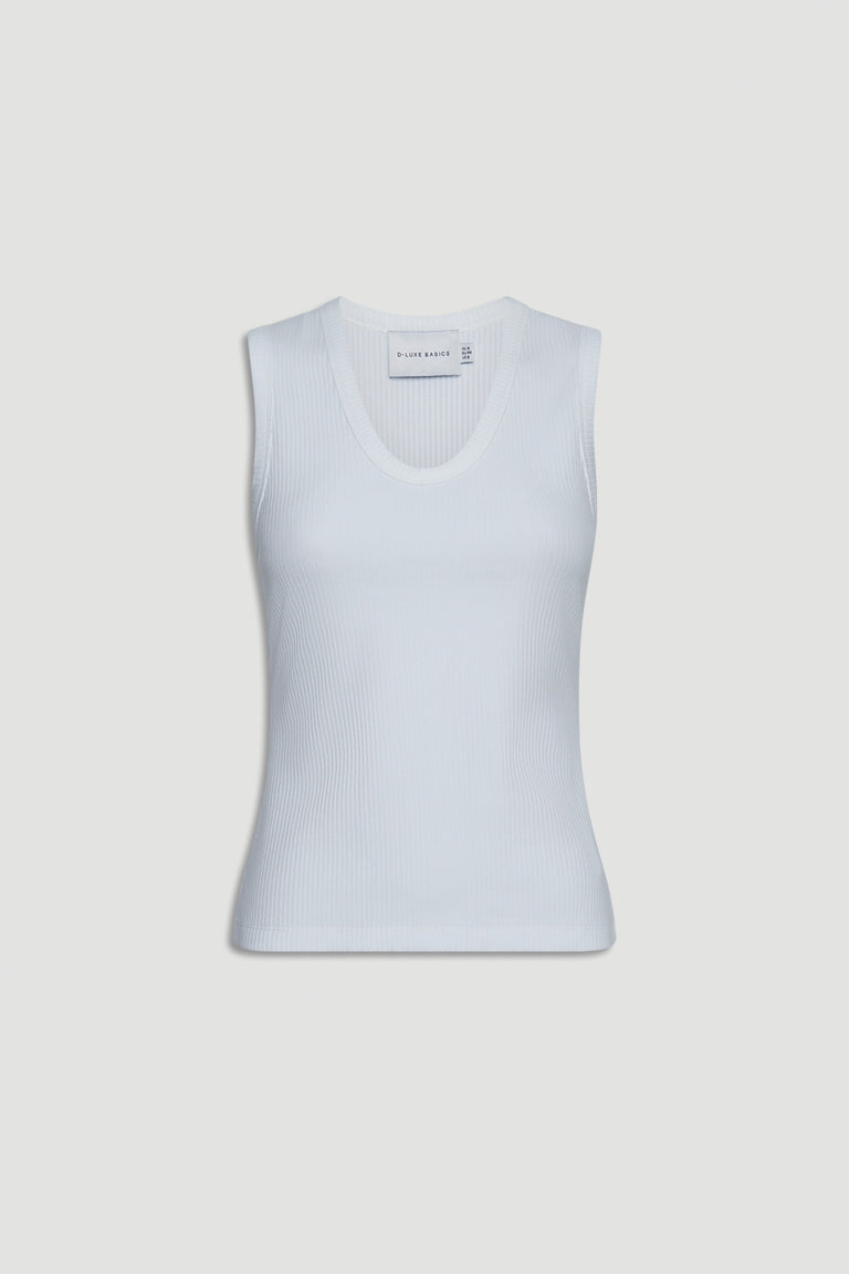 White ribbed sleeveless scoop neck tank top with a fitted silhouette for versatile everyday wear