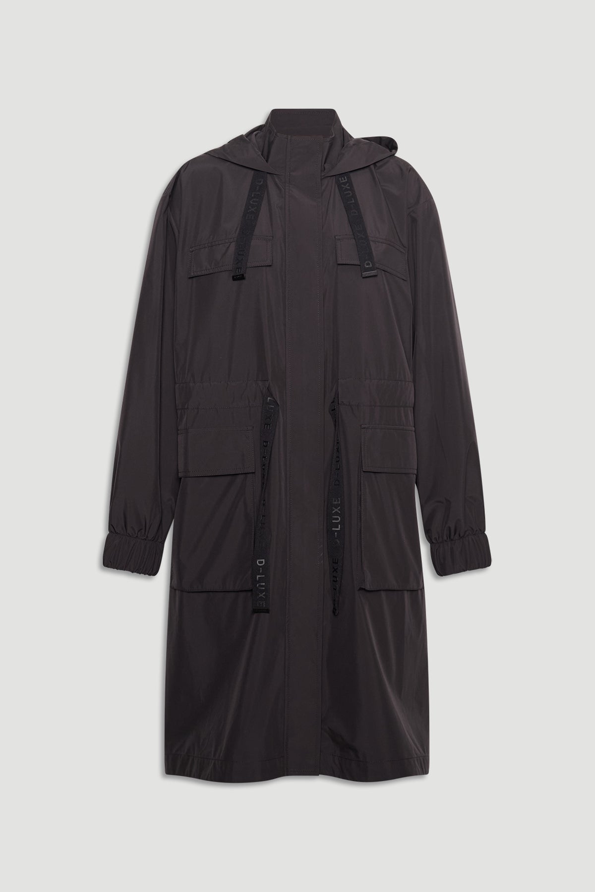D-Luxe Rain Jacket in black with hood, branded draw cords, elastic cuffs, and multiple pockets, gallery image 4, portrait view.