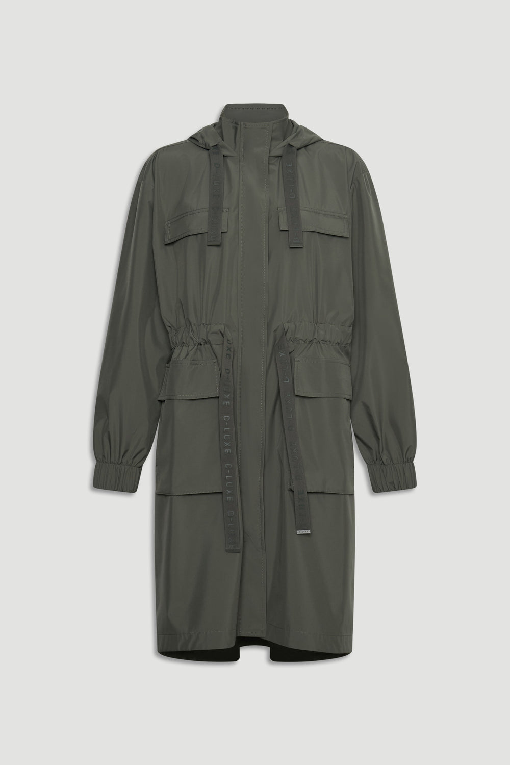 Long-sleeve olive green hooded jacket with front pockets and adjustable drawstrings at waist and hood.