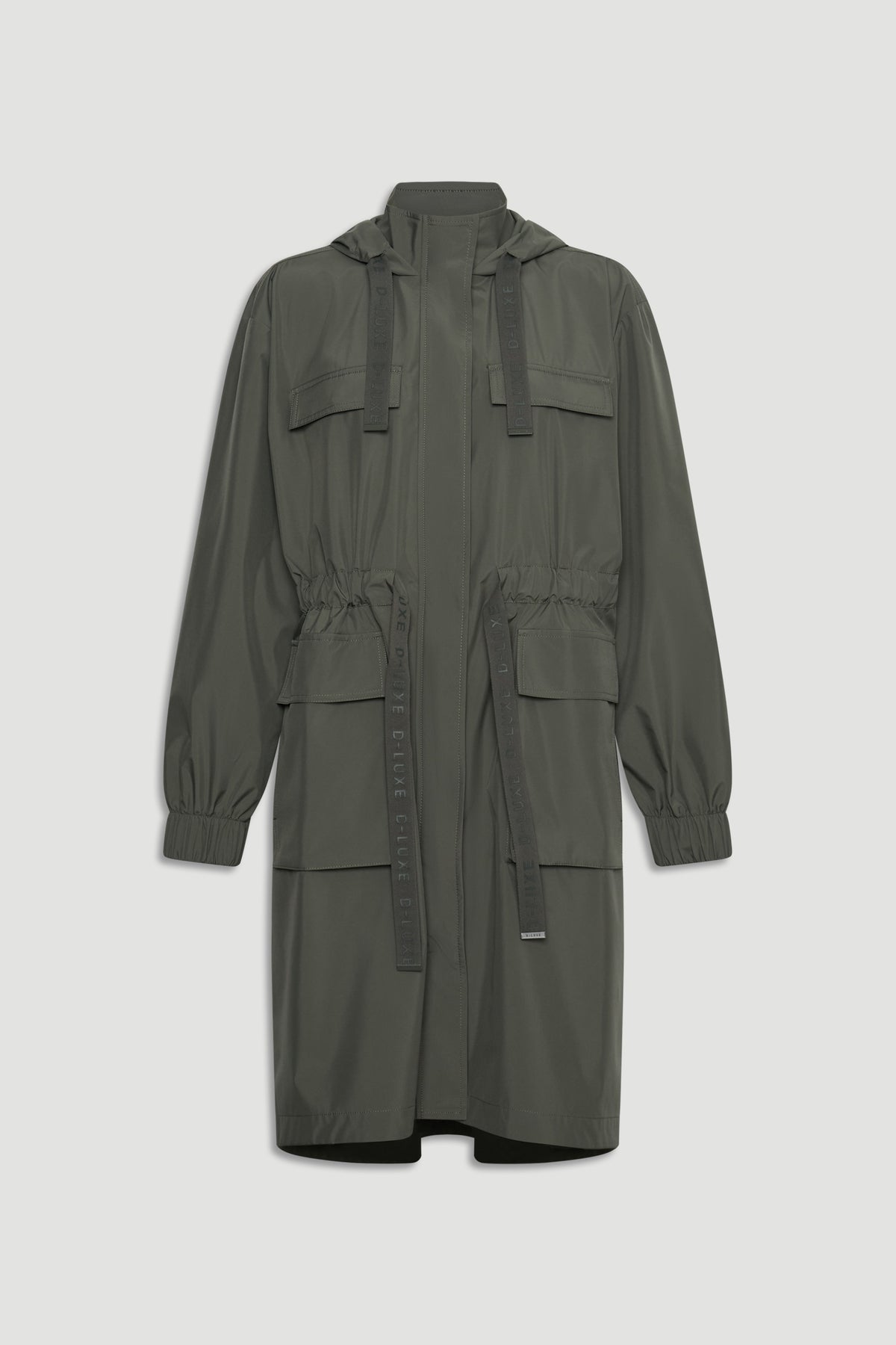Long-sleeve olive green hooded jacket with front pockets and adjustable drawstrings at waist and hood.
