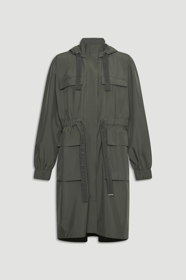 Long-sleeve olive green hooded jacket with front pockets and adjustable drawstrings at waist and hood.