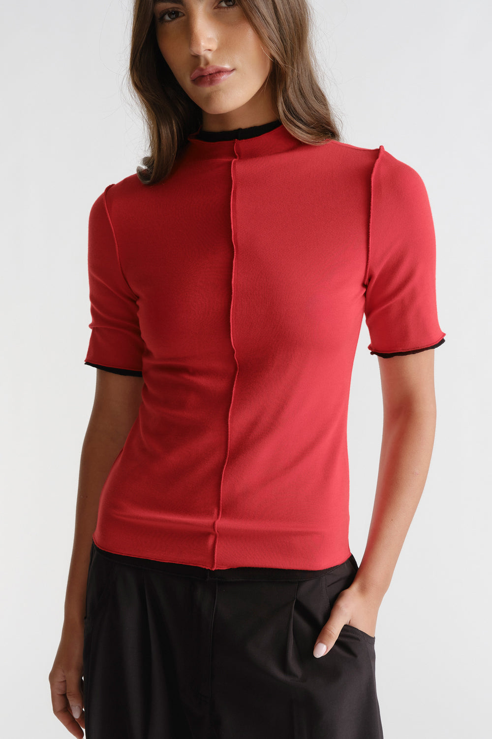 D-Luxe Short Sleeve Top in bold red with contrasting black trims and a sleek silhouette by DECJUBA Australian fashion brand