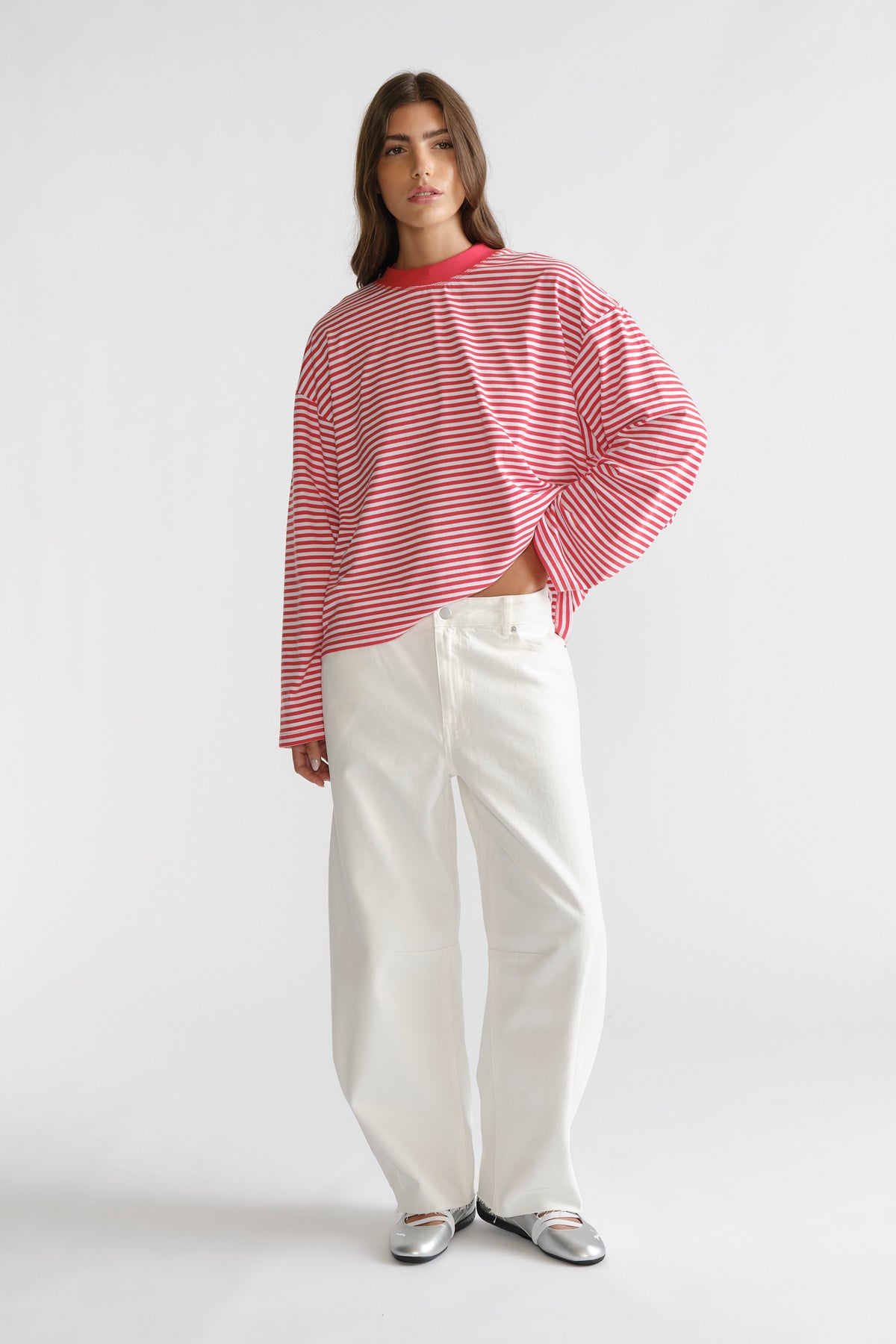 D-Luxe Long Sleeve Stripe Tee in red and white stripes paired with wide-leg white denim for a relaxed look by Decjuba Australian brand