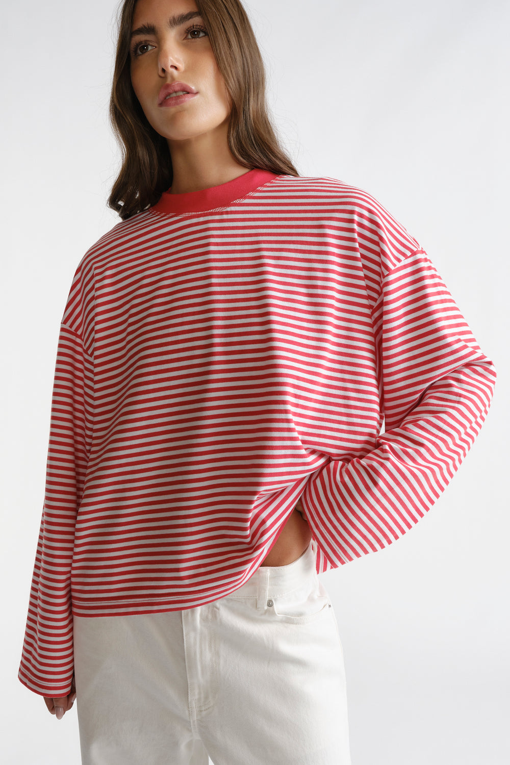 D-Luxe Long Sleeve Stripe Tee in red and white stripes with a relaxed fit and crew neckline by DECJUBA Australian fashion brand