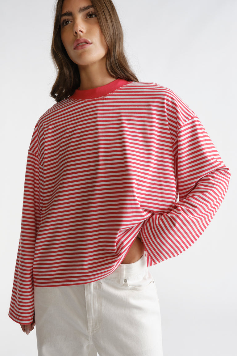 D-Luxe Long Sleeve Stripe Tee in red and white stripes with a relaxed fit and crew neckline by DECJUBA Australian fashion brand