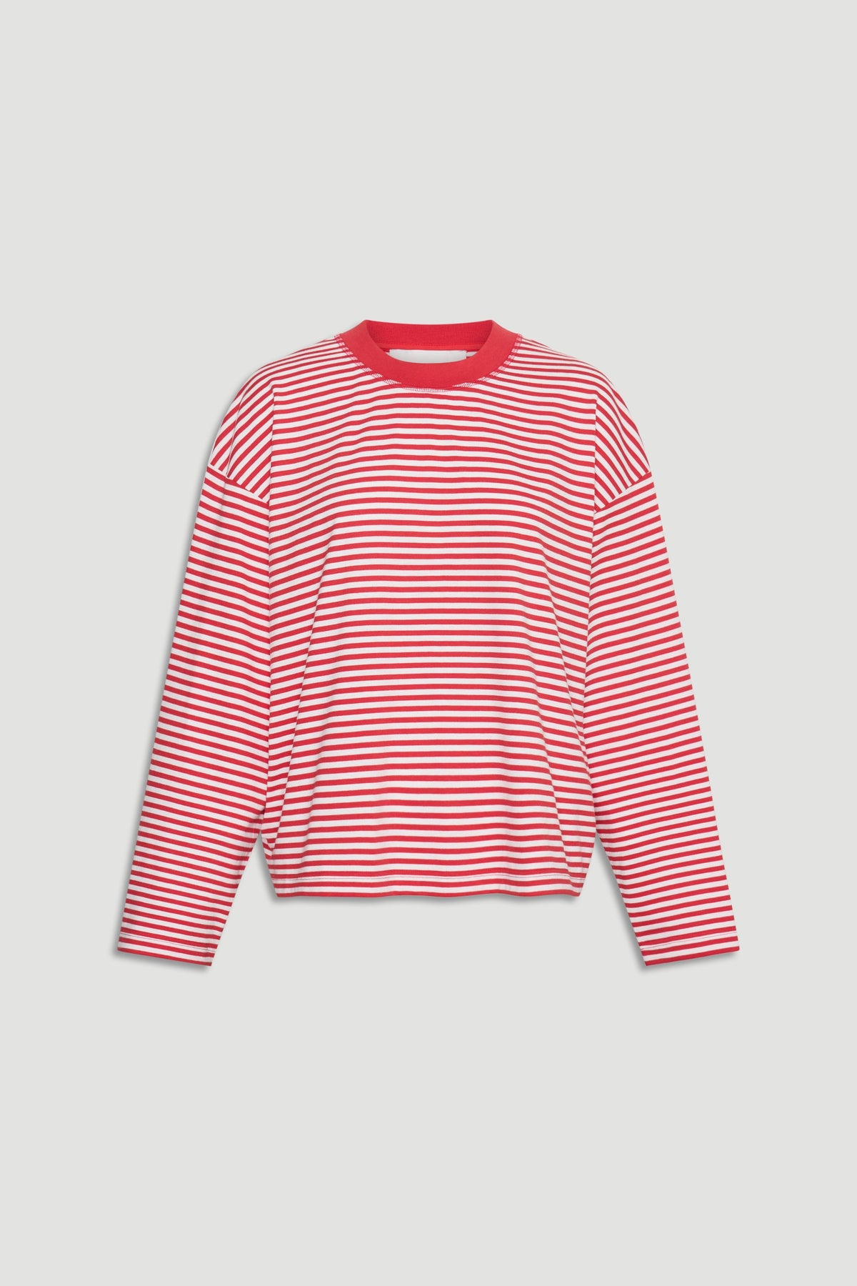 D-Luxe Long Sleeve Stripe Tee in vibrant red and white stripes with a relaxed fit and crew neck by DECJUBA Australian fashion brand
