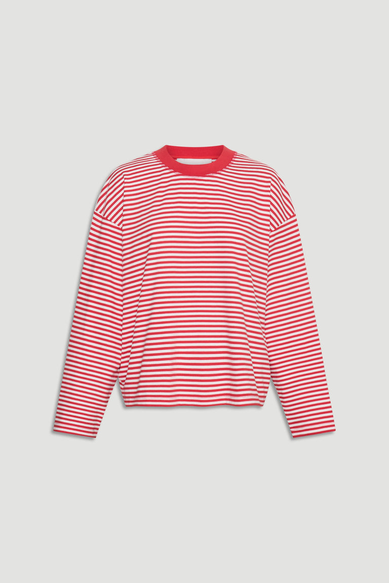 D-Luxe Long Sleeve Stripe Tee in vibrant red and white stripes with a relaxed fit and crew neck by DECJUBA Australian fashion brand