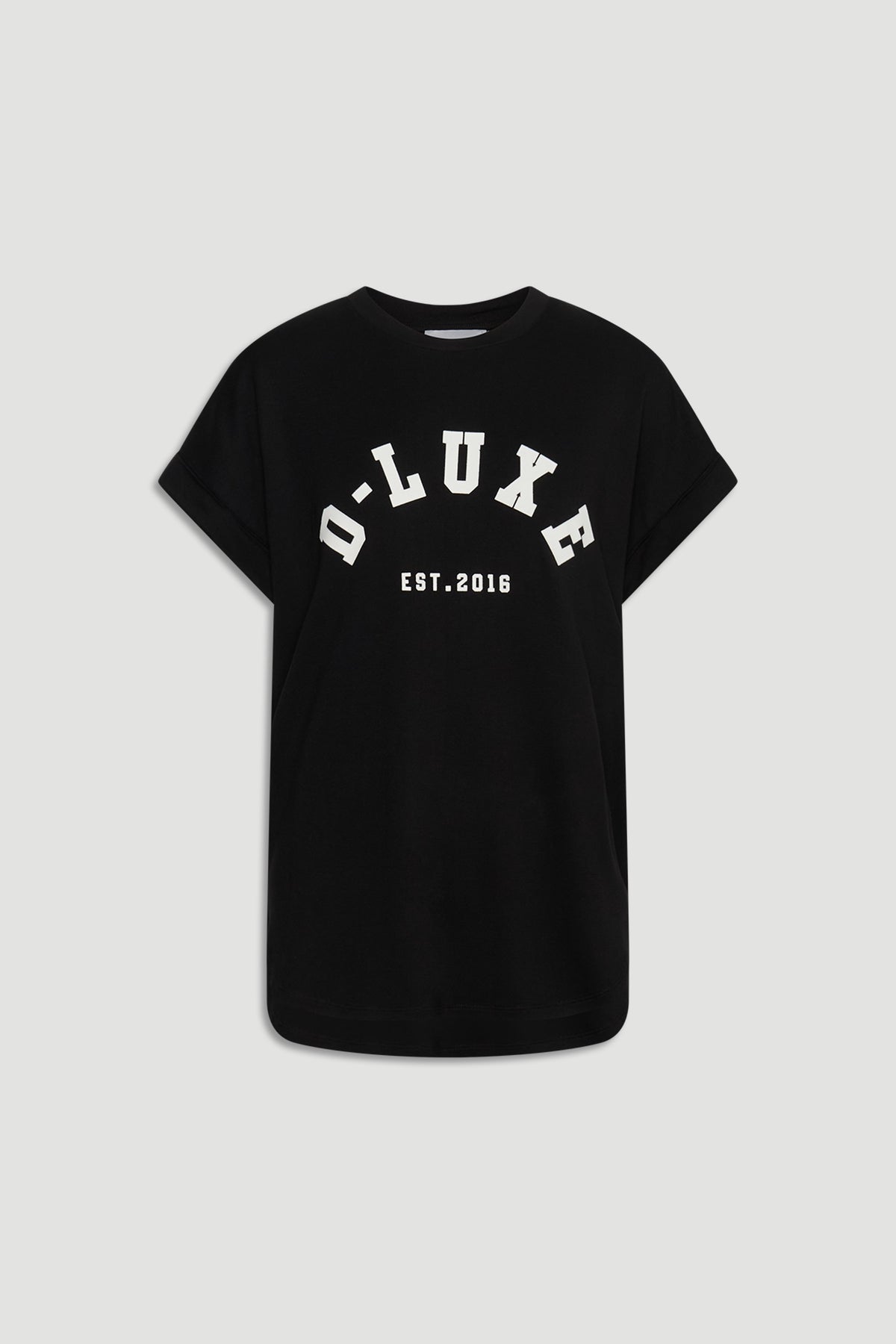 D-Luxe Half Moon Tee in black with white logo print, featuring a relaxed fit and rolled sleeves by DECJUBA Australian fashion brand.