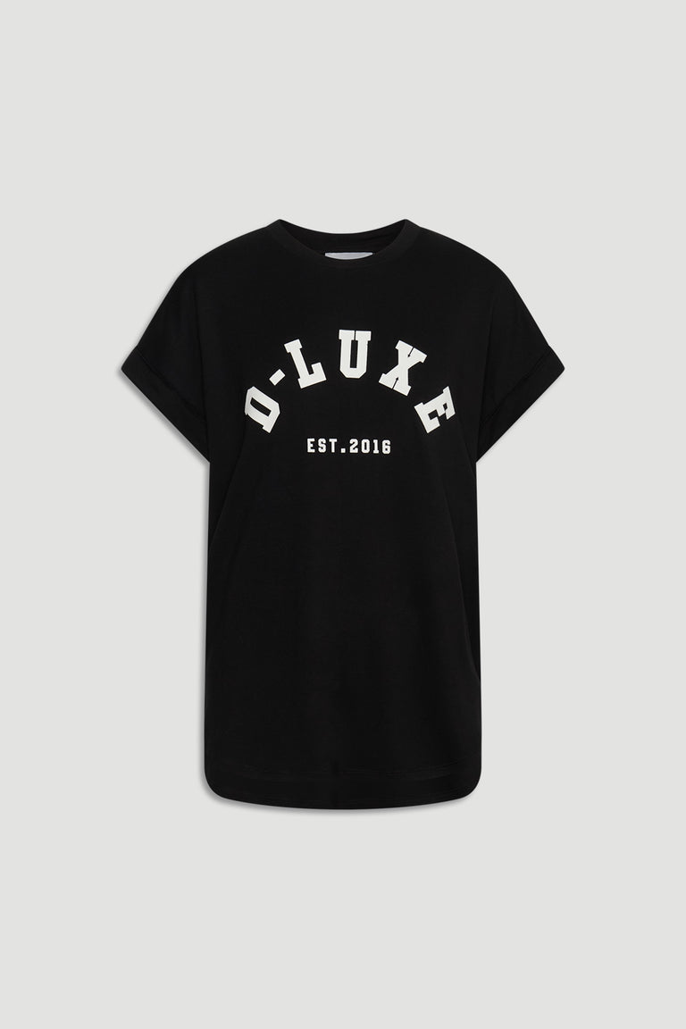 D-Luxe Half Moon Tee in black with white logo print, featuring a relaxed fit and rolled sleeves by DECJUBA Australian fashion brand.