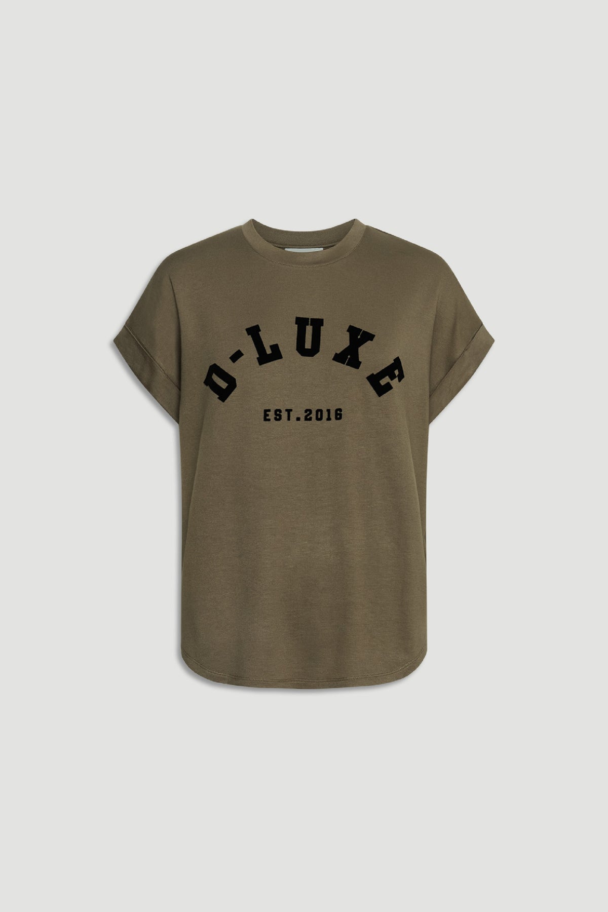 D-Luxe Half Moon Tee in olive with crew neckline, short turn-back sleeves, and flocked D-LUXE branding, gallery 4 portrait view.