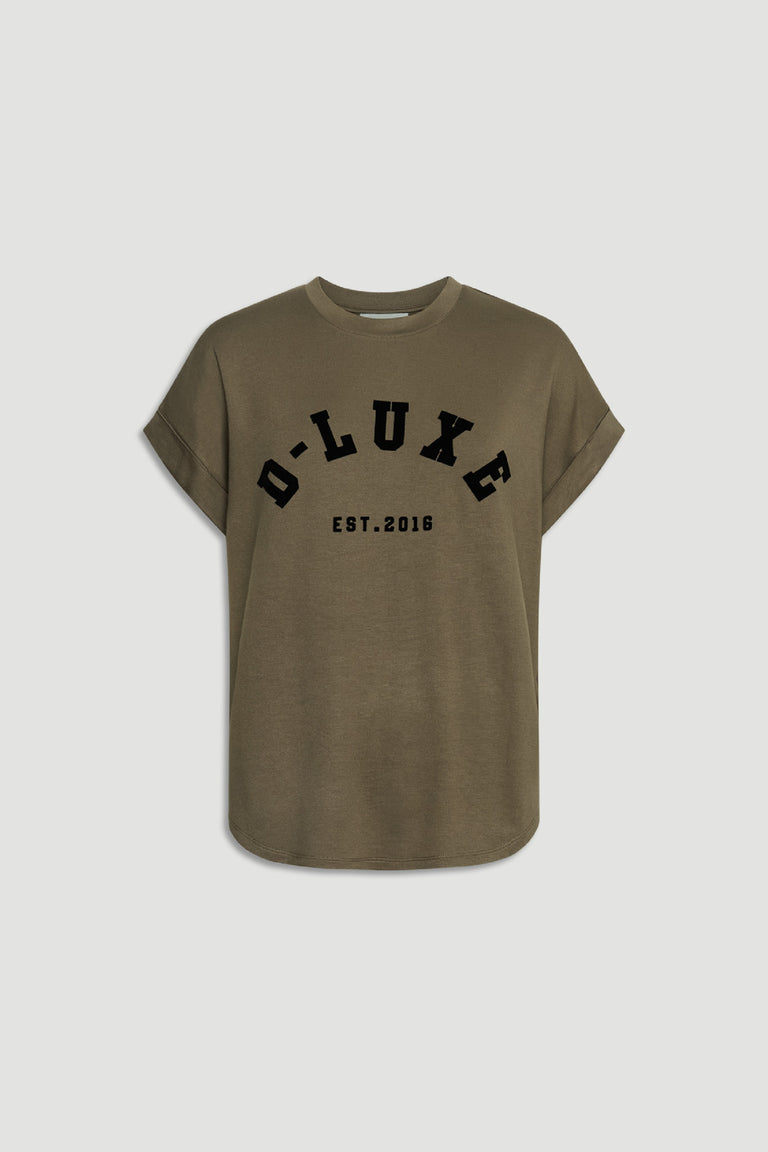 D-Luxe Half Moon Tee in olive with crew neckline, short turn-back sleeves, and flocked D-LUXE branding, gallery 4 portrait view.