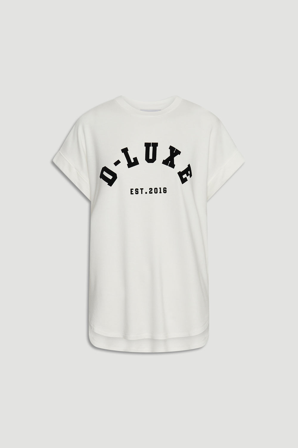 D-Luxe Half Moon Tee in white featuring bold black D-Luxe lettering and EST.2016 detail by DECJUBA Australian fashion brand