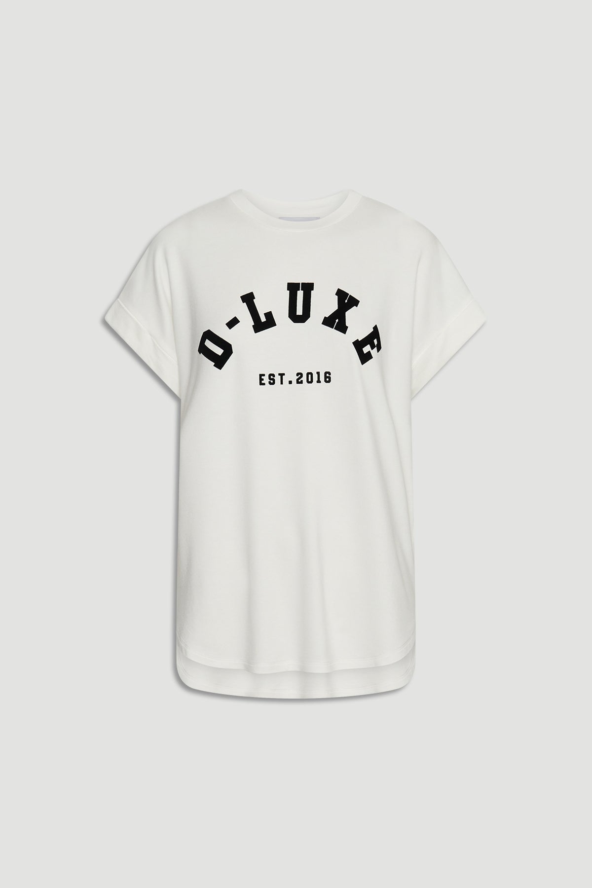 D-Luxe Half Moon Tee in white featuring bold black D-Luxe lettering and EST.2016 detail by DECJUBA Australian fashion brand