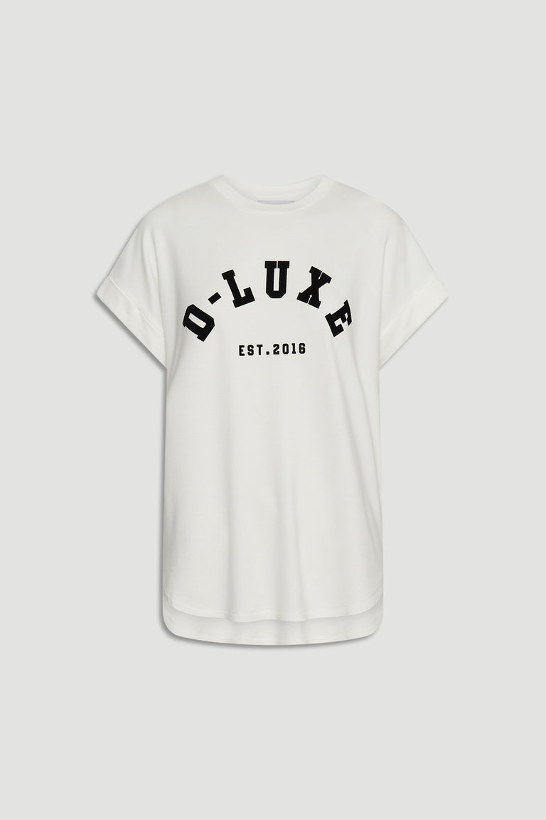 D-Luxe Half Moon Tee in white featuring bold black D-Luxe lettering and EST.2016 detail by DECJUBA Australian fashion brand