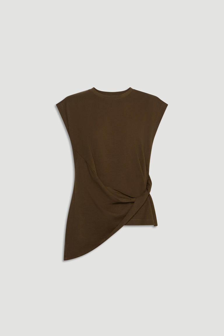Sleeveless twist detail top in deep olive green with an asymmetrical hem for a modern, polished look