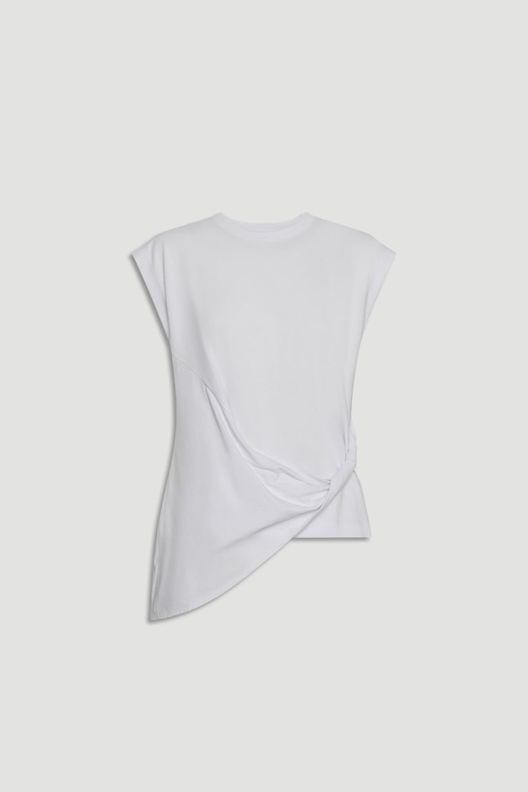 Asymmetric white sleeveless top with twist detail for a modern, effortless layering piece.