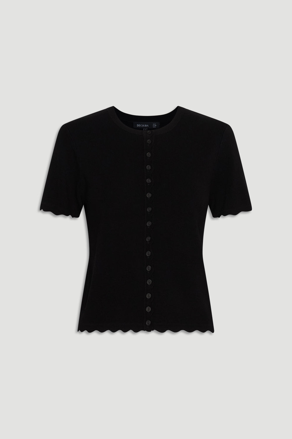 Maya Scallop Trim Button Top in black with delicate scalloped edges and a row of buttons for a refined feminine look.