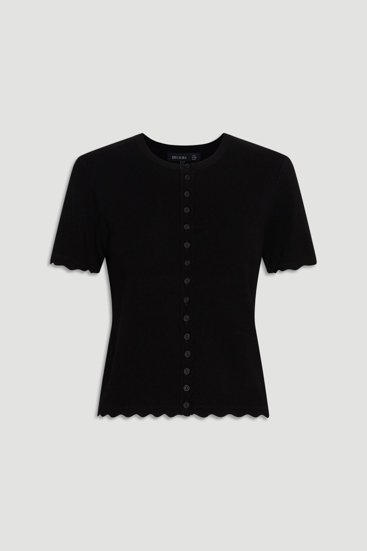 Maya Scallop Trim Button Top in black with delicate scalloped edges and a row of buttons for a refined feminine look.