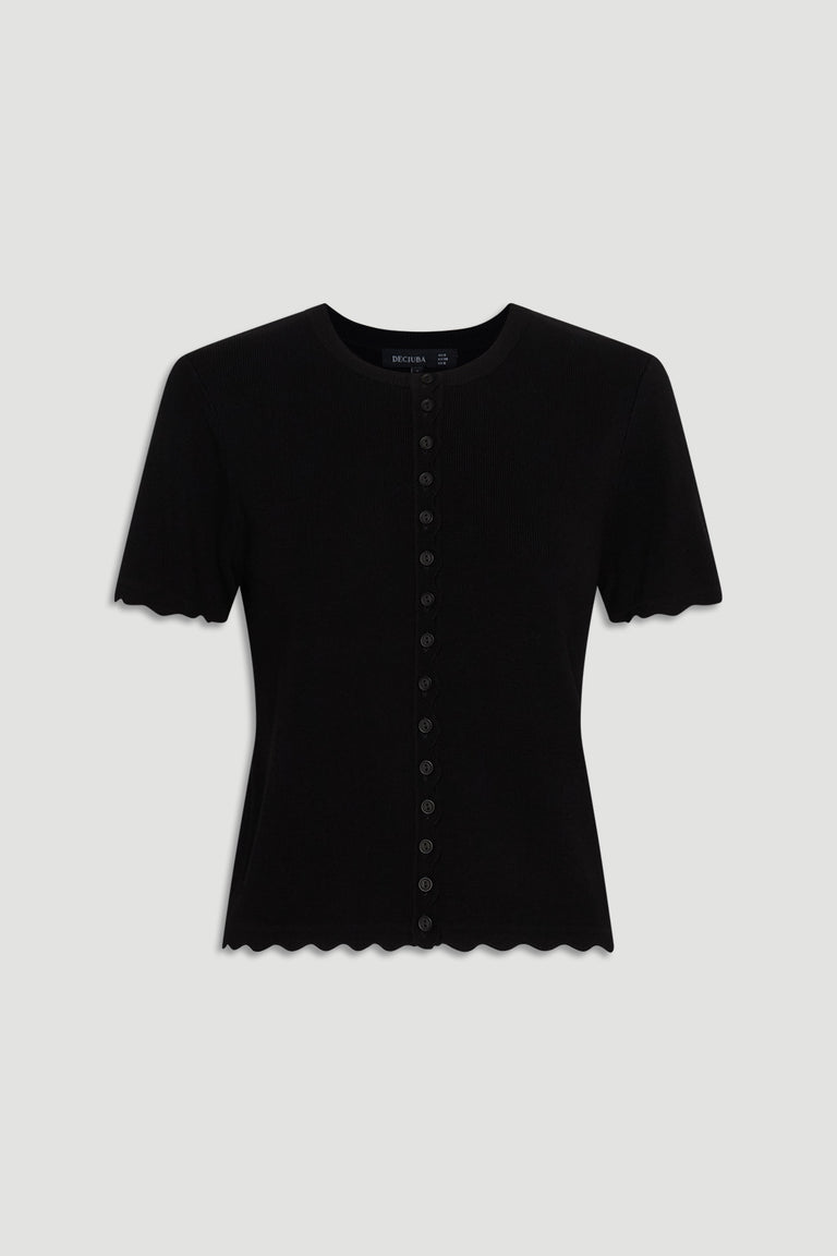 Maya Scallop Trim Button Top in black with delicate scalloped edges and a row of buttons for a refined feminine look.