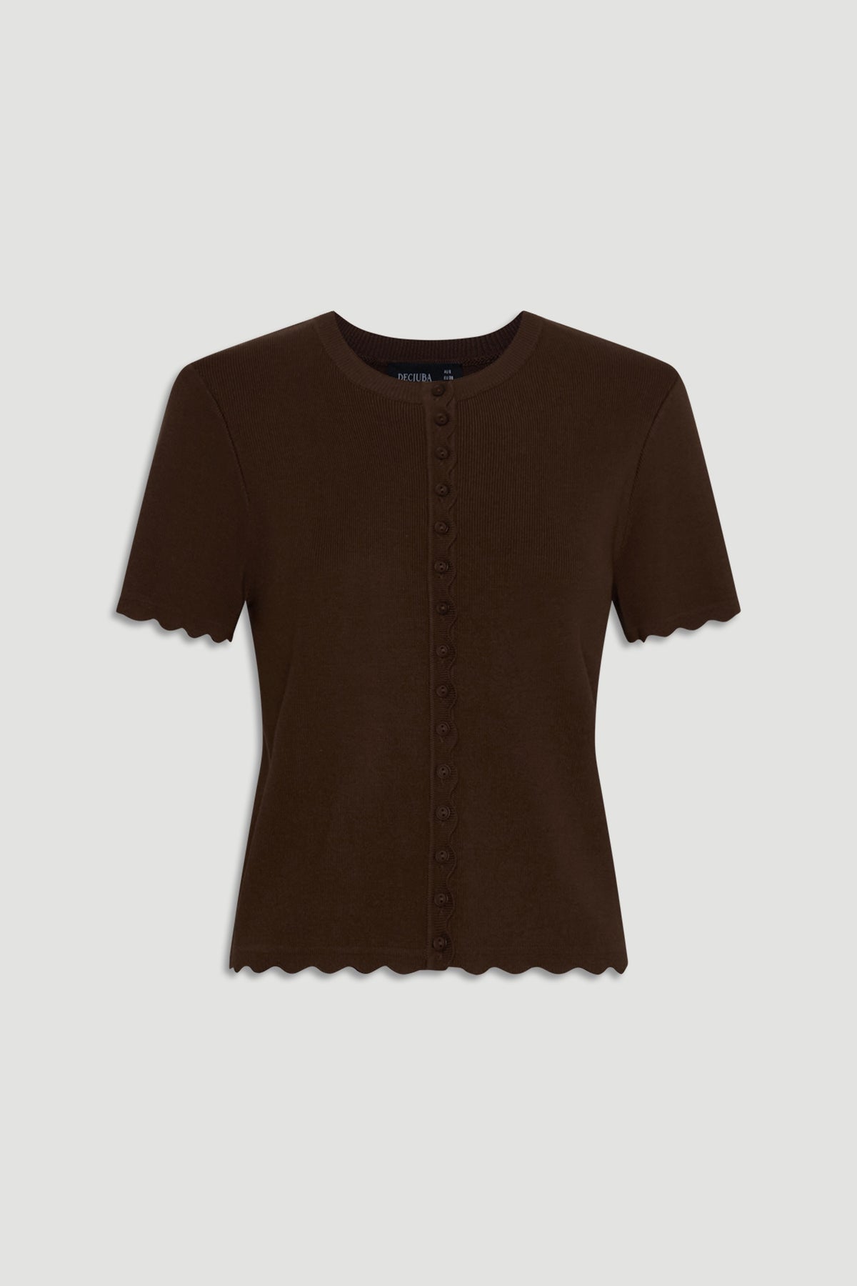 Maya Scallop Trim Button Top in warm brown with scalloped edges and button details for a stylish casual look by DECJUBA