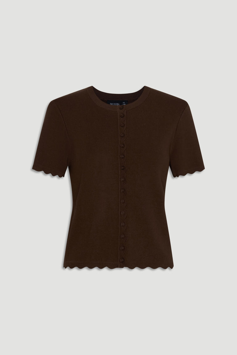 Maya Scallop Trim Button Top in warm brown with scalloped edges and button details for a stylish casual look by DECJUBA