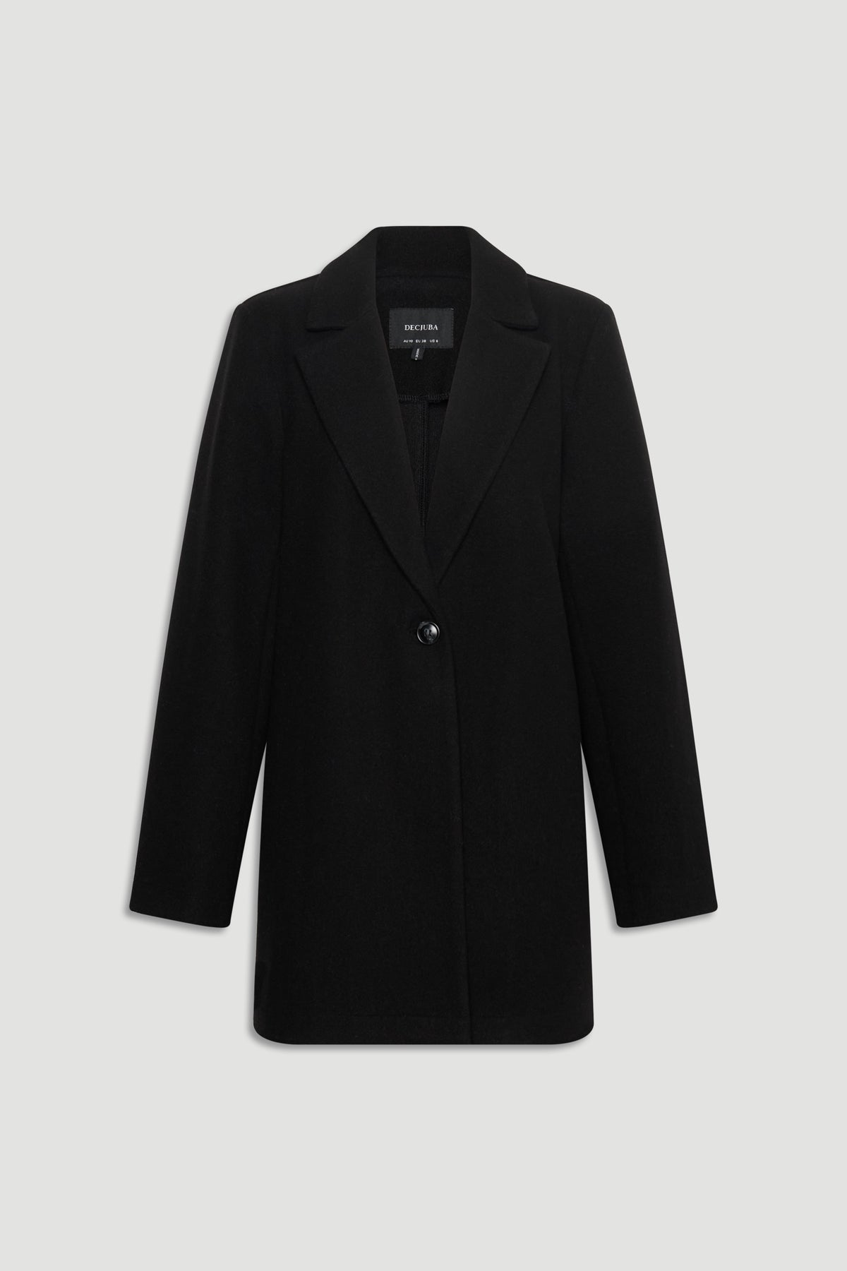 Classic black mid-length felt coat with single-button closure and tailored lapels for a refined, versatile outer layer.