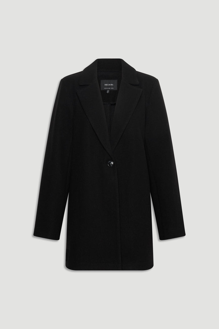 Classic black mid-length felt coat with single-button closure and tailored lapels for a refined, versatile outer layer.