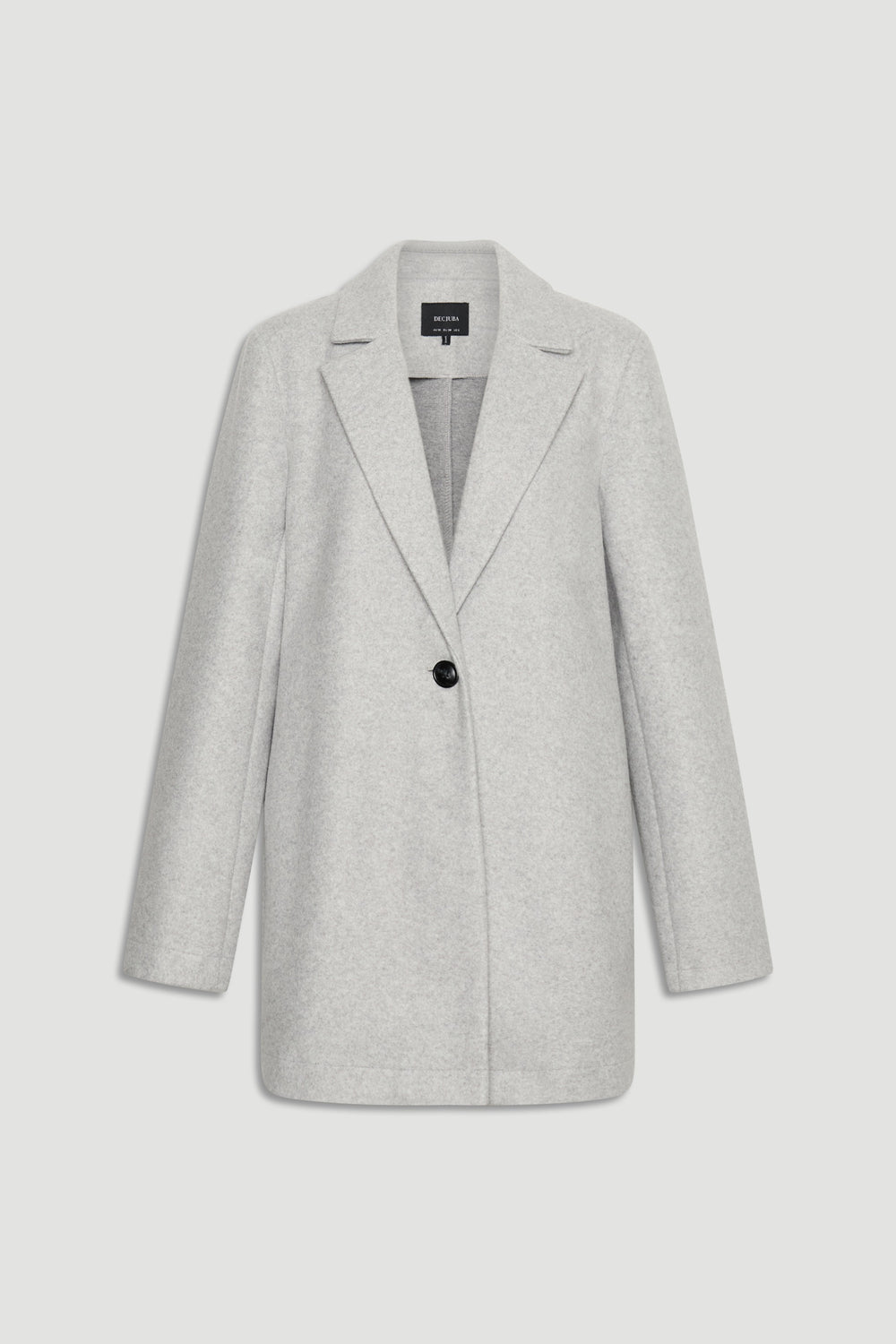 Light grey mid-length coat with single button closure and tailored lapels for a sleek, timeless look