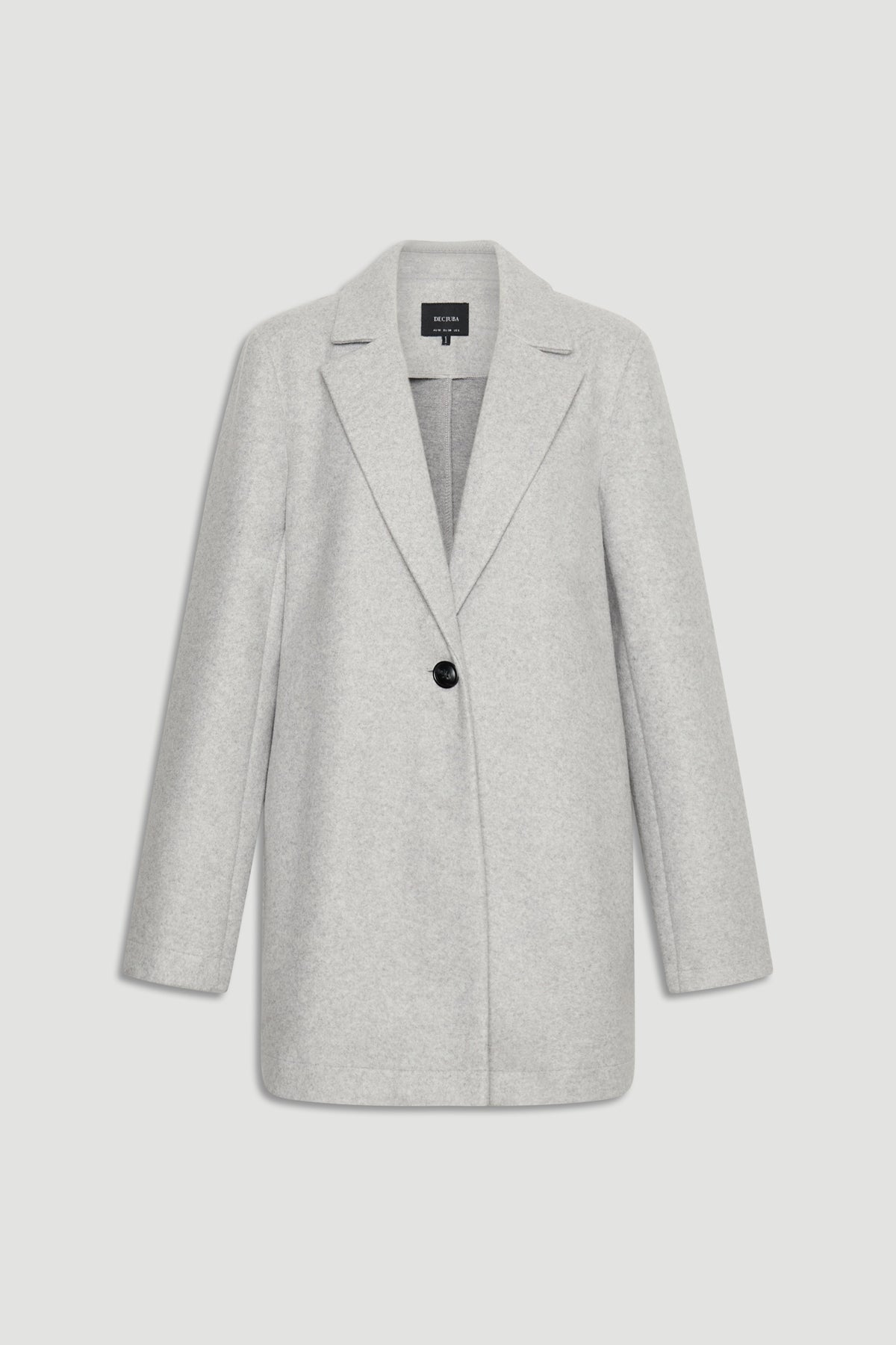 Light grey mid-length coat with single button closure and tailored lapels for a sleek, timeless look