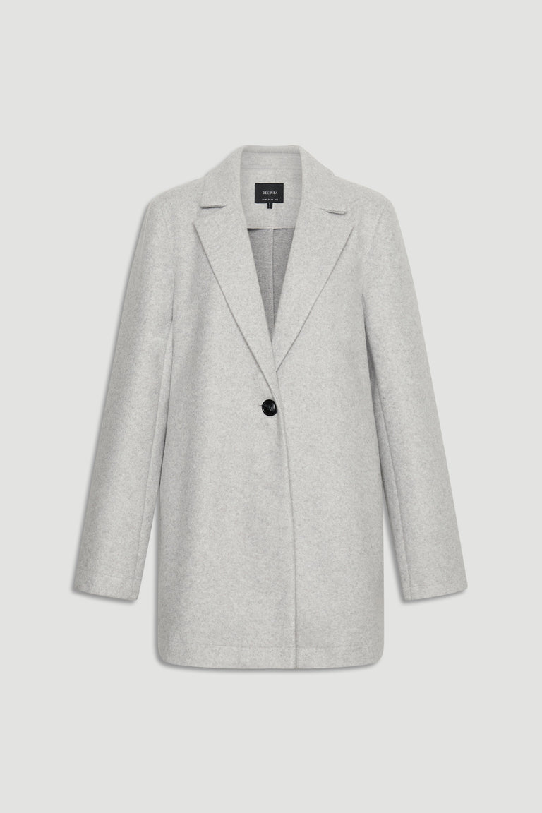 Light grey mid-length coat with single button closure and tailored lapels for a sleek, timeless look