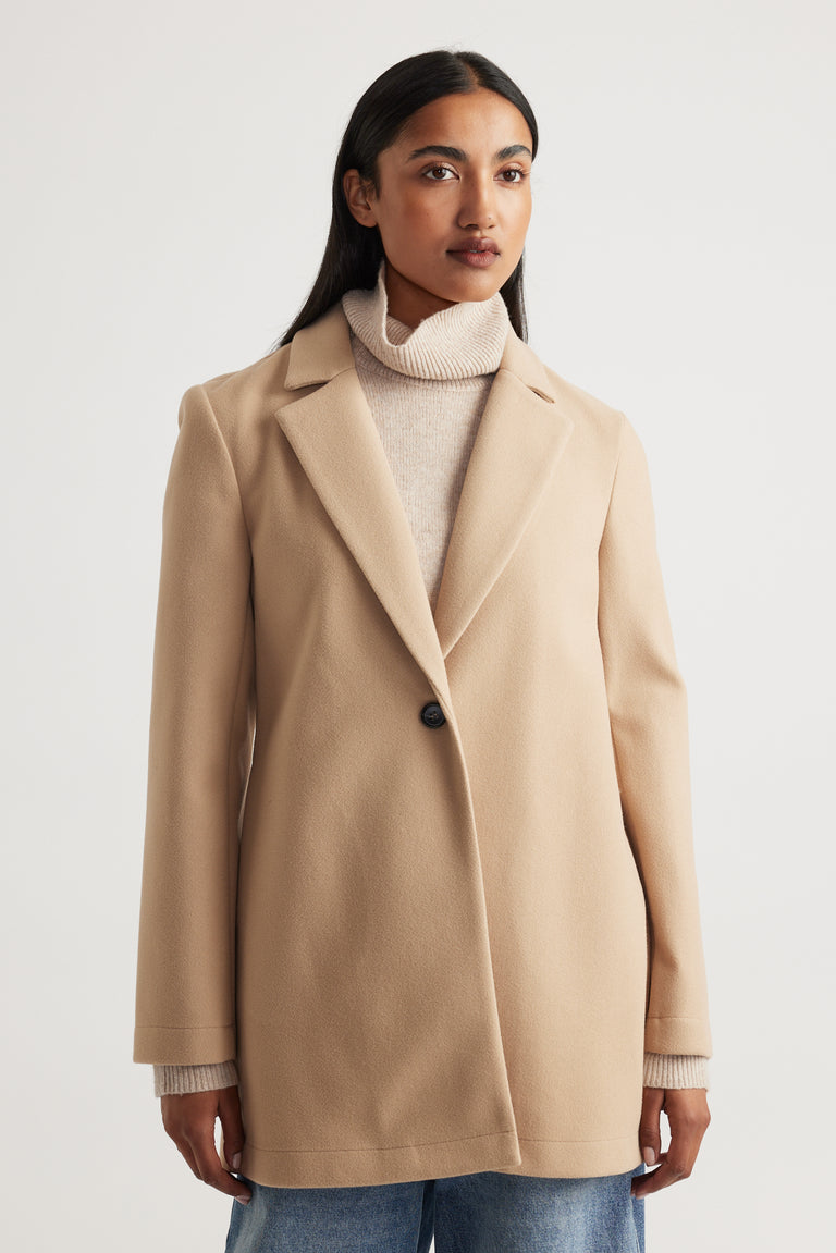 Soft camel mid-length coat with single button and tailored lapels layered over a light beige turtleneck sweater