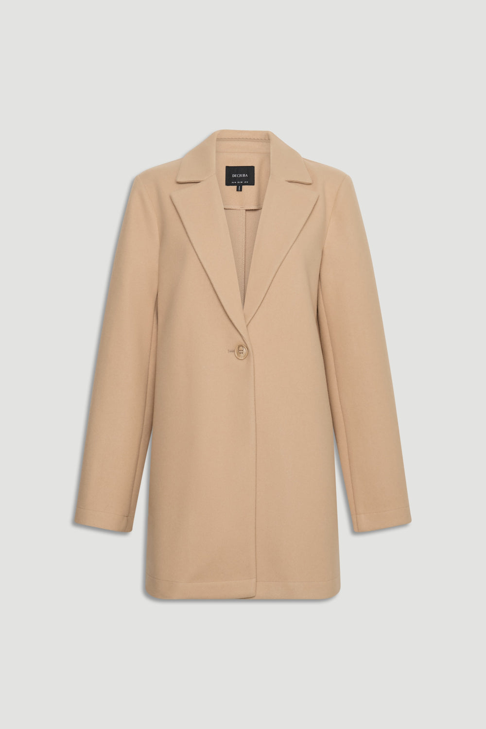 Camel mid-length coat with a single button closure and tailored lapels for a sleek, timeless silhouette