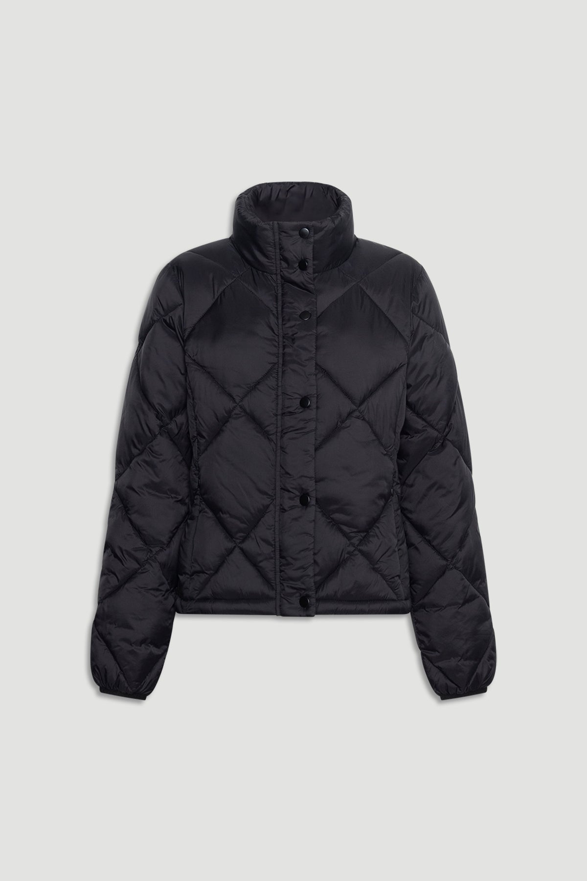 Black quilted short puffer jacket with high collar and snap button closure for a sleek, cozy look