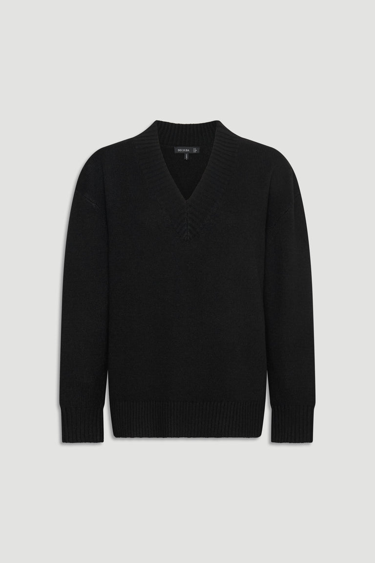 Black V Neck Knit Jumper in soft knitwear with ribbed trims, an effortless style by Decjuba Australian fashion brand.